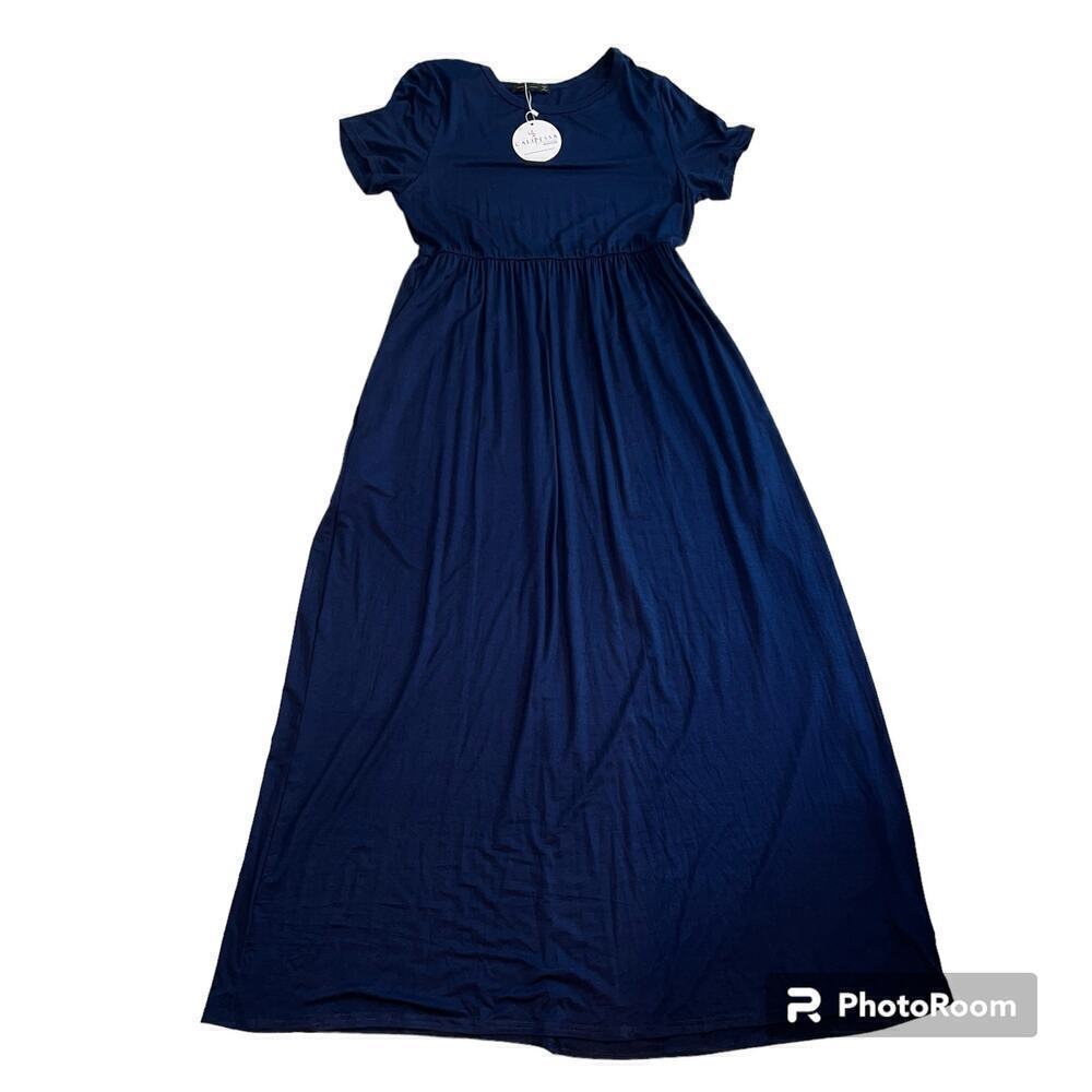 Jersey Knit Short Sleeve Fit and Flare Navy Blue Maxi Dress Comfort Size L NWT